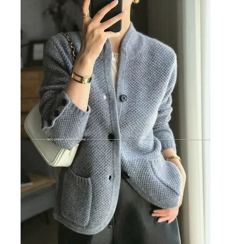 Autumn Winter New Thickened 100% Cashmere Wool Cardigan Women Stand Neck Sweater Sweater Loose Knit Base Wool Sweater Jacket