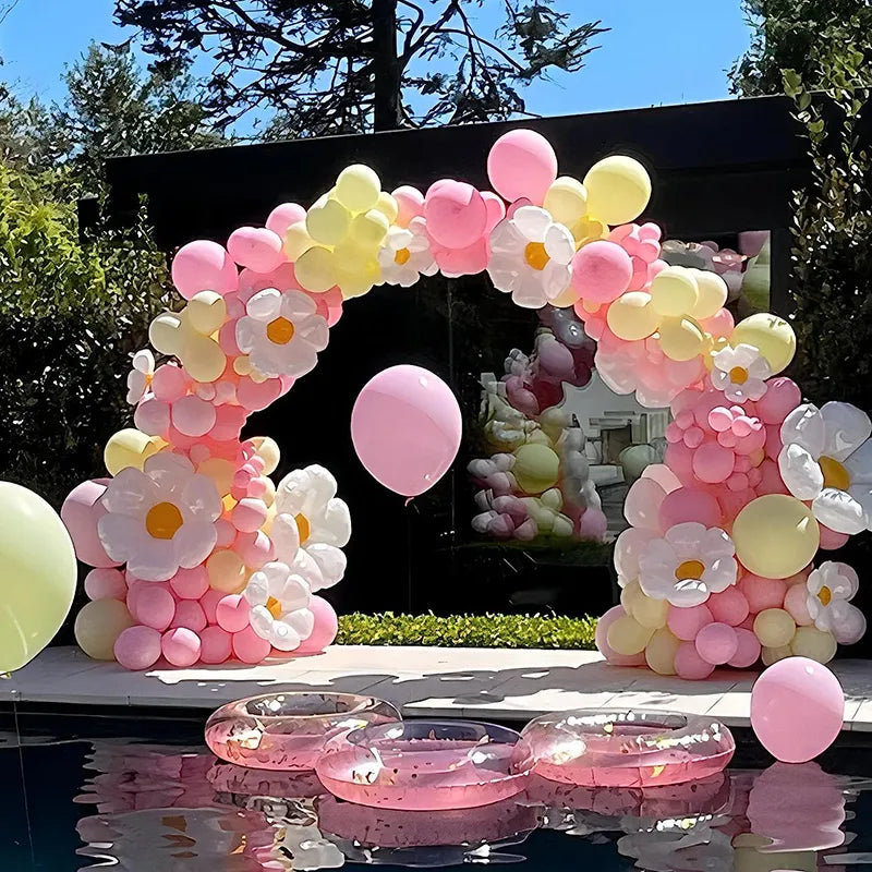 140Pcs Daisy Balloon Garland Arch Kit Macaron Pink And Yellow Groovy Party For Baby Shower Wedding Birthday Sunflower Decor