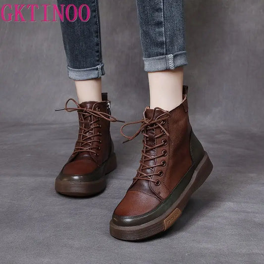 GKTINOO Winter Genuine Leather Ankle Boots Lace-Up 2023 Handmade Lady Soft Flat Shoes Comfortable Side Zip Ankle Boots