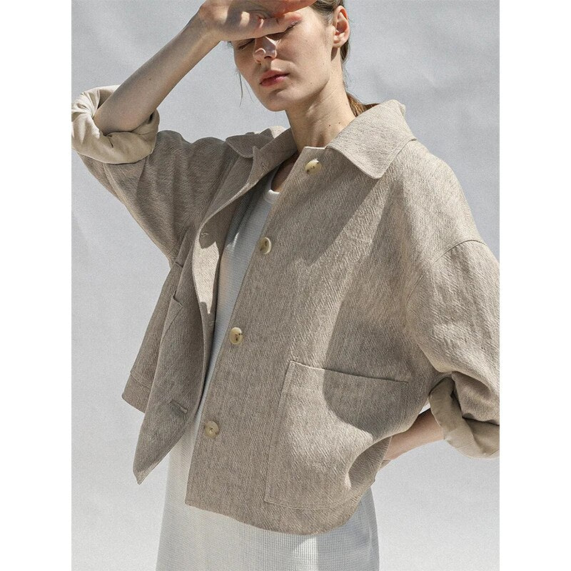 Vintage Cotton Linen Blazer Woman Casual Long Sleeve Button Up Elegant Jacket Autumn Coats Outerwear Casacos