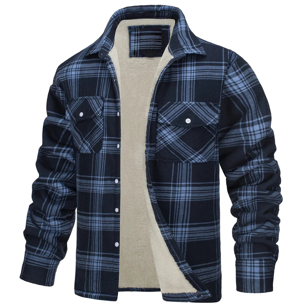 Covrlge Men's Fleece Plaid Flannel Shirt Jacket Autumn and Winter Button Casual Jacket Thicken Warm Spring Work Coat Outerwear