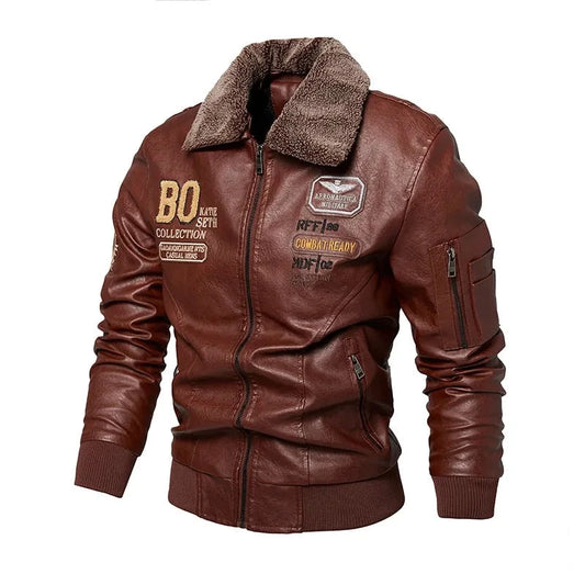 Leather Jacket Men Winter Fleece Original Moto & Biker Embroidery Removable Fur Collar Windbreaker Ropa De Hombre Slim Coat