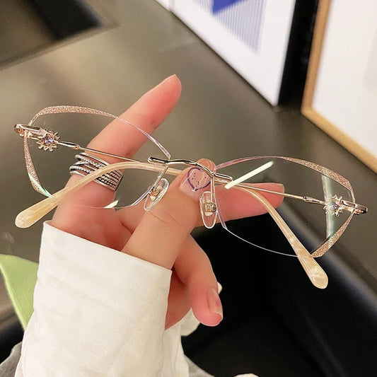 -100 -125 -150 Ultra Light Diamond Rimmed Frameless Glasses Female Myopia Degree Lens Anti Blue Light Frameless Eyeglass Frame