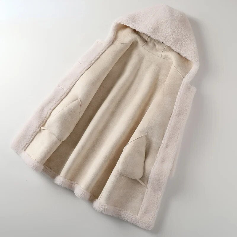 zozou 🍄Fur Women's Coat Winter Jacket Women 2023 Sheep Shearling Coats Hooded Wool Jackets Korean Style