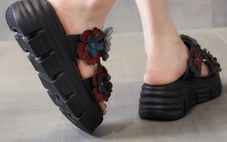 Flower Genuine Leather Summer Women Platform Leisure Novelty Slippers Luxury Elegance Sandals Shoes