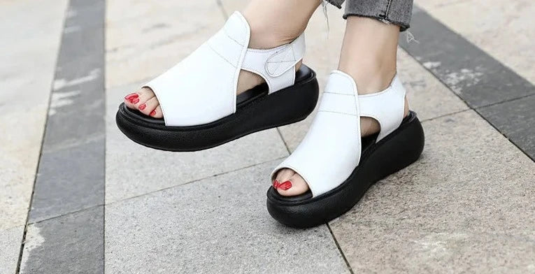 2024 Summer Shoes Thick Bottom Flat Platform Sandals For Women Genuine Cow Leather Fashion Wedges Peep Toe Women Sandals