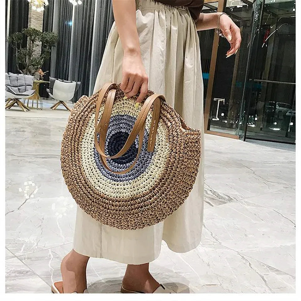 2022 Large Capacity Round Zipper Fashionable Straw Woven Bag Handmade Summer Beach Travel Holiday Women Bags