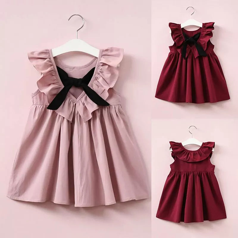 Children's Summer Children Wear Girls Sleeveless Pleated Backless Bow Dress Cotton Baby Korean Dress Baby Girls Backless Dress