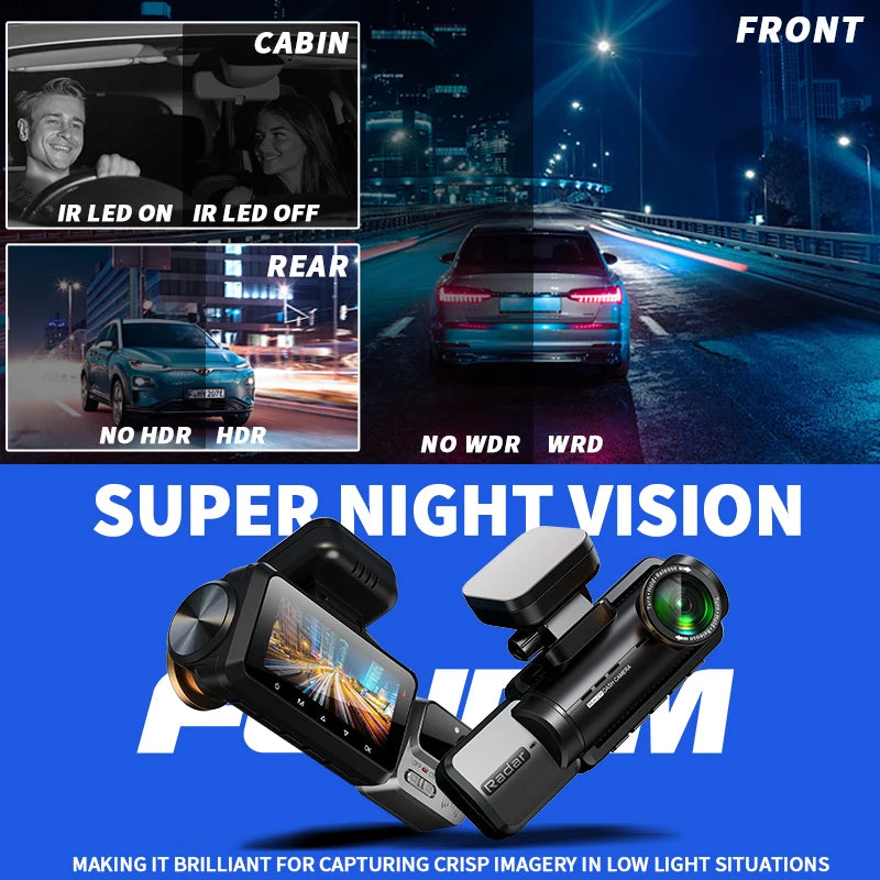 GPS Car DVR 3CH Dash Cam UHD 2K Front+170 FOV Cabin Camera+1080P Rear Built-in 24H Radar Parking IR Night Vision (A99-WB)