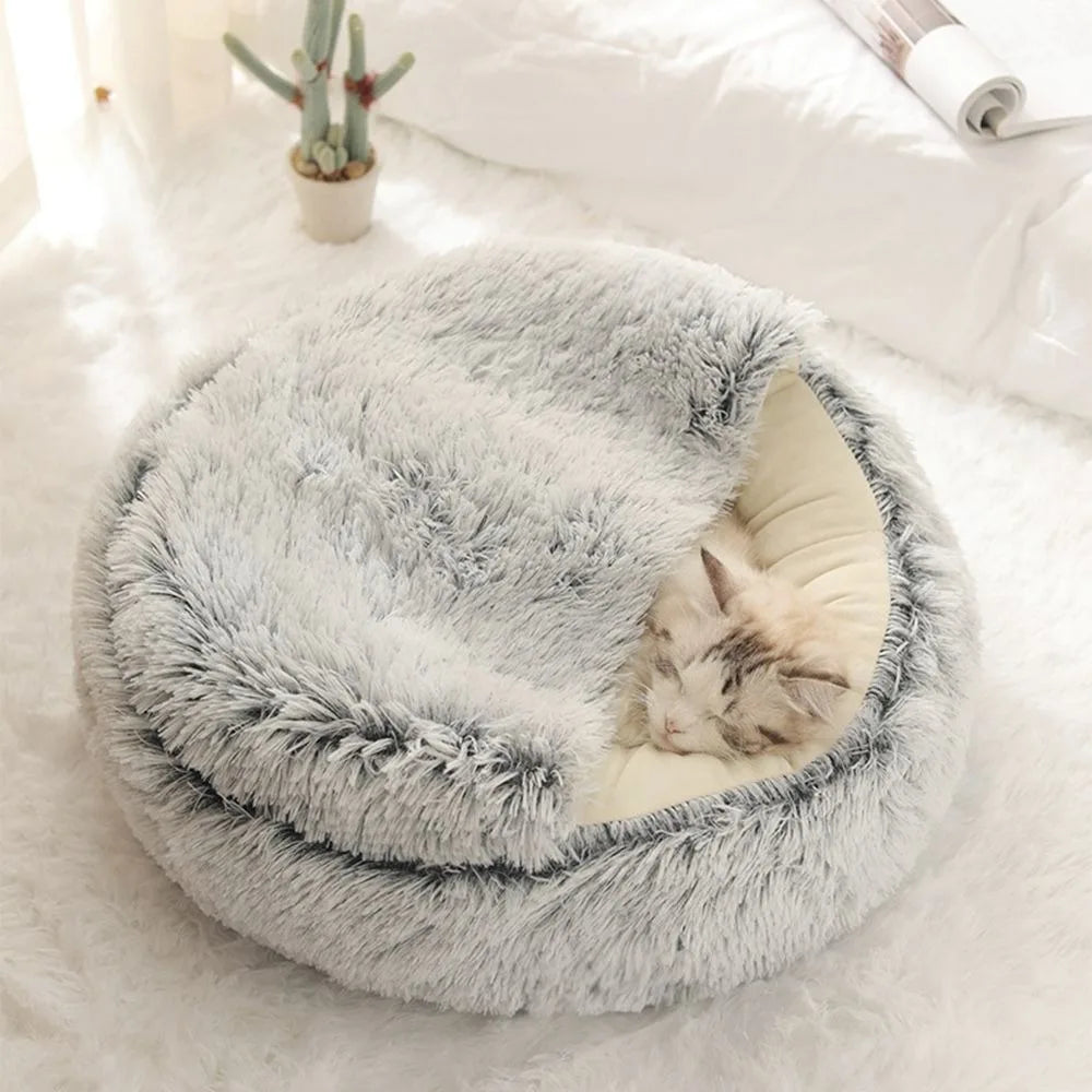 Warm Long Plush Pet Bed Enclosed Round Cat Cushion Comfortable Sleep Bag Cat Nest Kennel For Small Pet