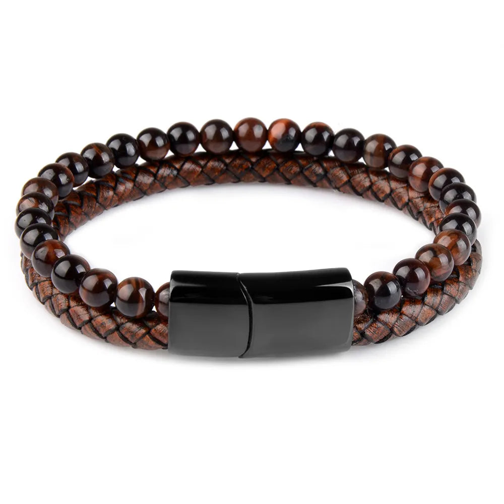 Natural Stone Bracelets Genuine Leather Braided Bracelets Black Stainless Steel Magnetic Clasp Tiger eye Bead Bangle Men Jewelry