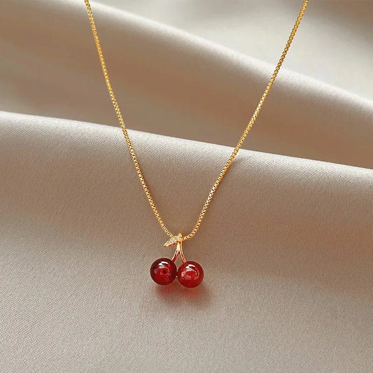 New Wine Red Cherry Gold Colour Pendant Necklace For Women Personality Fashion Necklace Wedding Jewelry Birthday Gifts