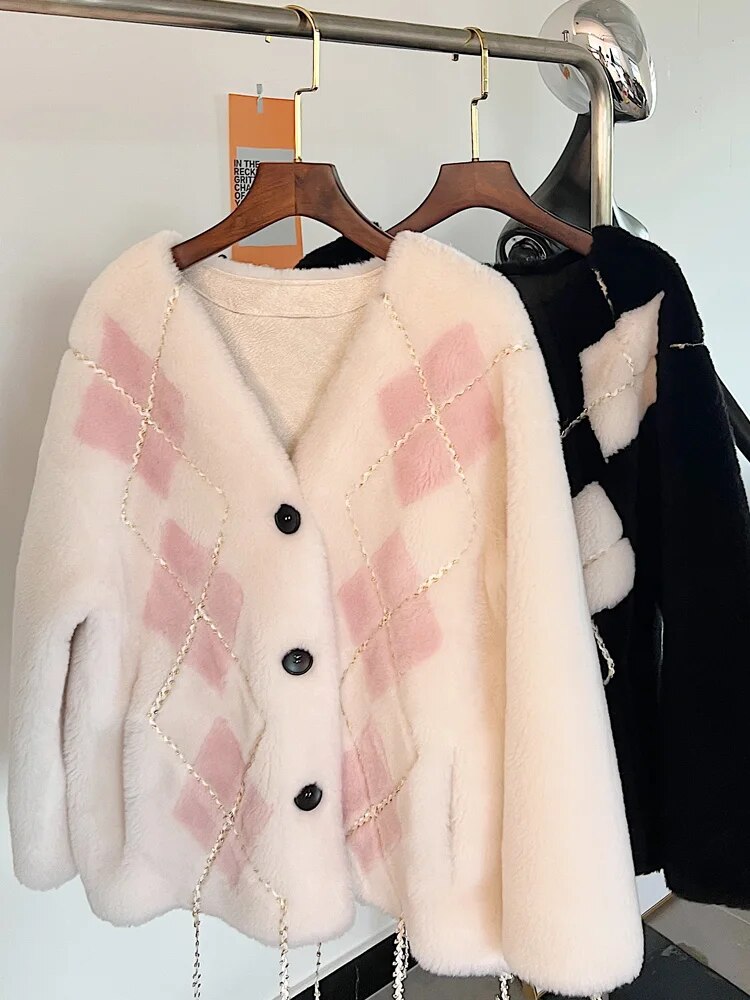 barby 🌸 Checkered Particle Wool Sheep Sheared Fleece Lamb Plush Fur Coat 2022 New Lingge Girls All Wool