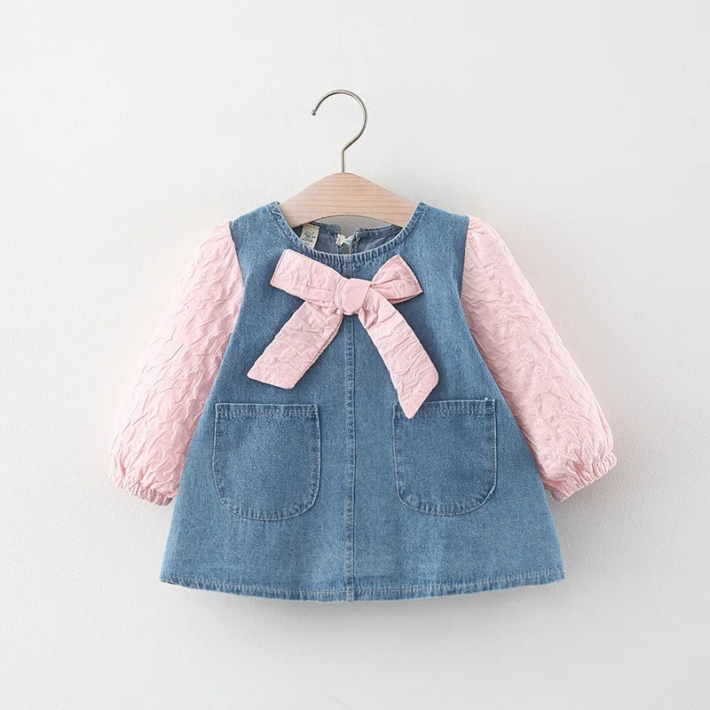 Newborn baby Girls Spring fall clothes Outfits Bow Denim Dress costume for toddler baby Girl cloth 1 year Birthday Dresses dress