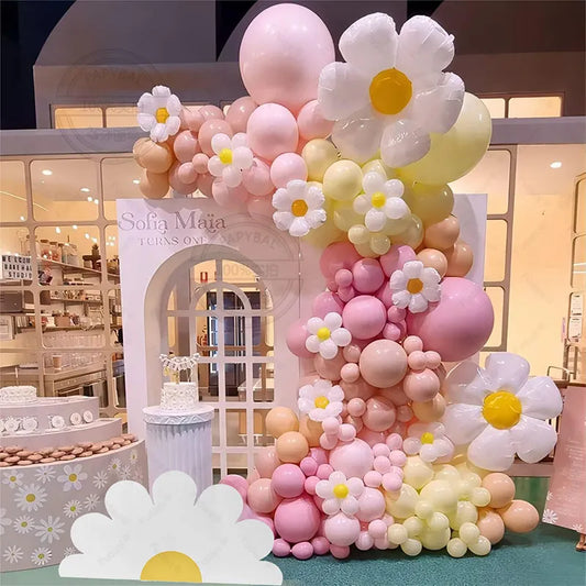 140Pcs Daisy Balloon Garland Arch Kit Macaron Pink And Yellow Groovy Party For Baby Shower Wedding Birthday Sunflower Decor