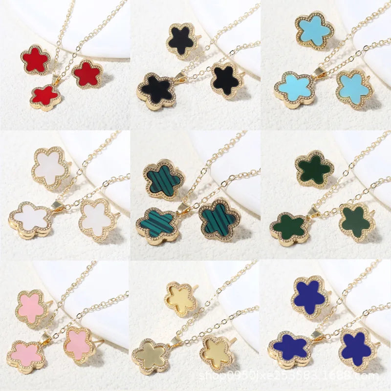 2Pcs Luxury Five Leaf Flower Pendant Jewelry Set for Women Gift Fashion Trendy Stainless Steel Clover Necklace Earring Jewelry