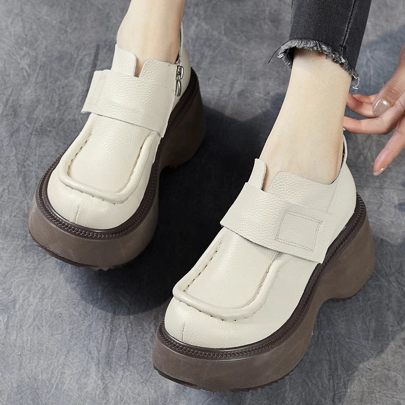 GKTINOO 2024 Spring New Heightening Loafers Genuine Leather Hook & Loop Pumps Fashion Versatile Women's Platform Shoes
