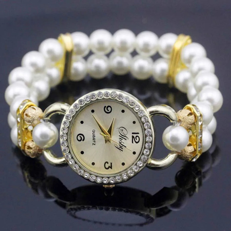 Shsby New Women's Rhinestone Quartz Analog Bracelet Wrist Watch Lady Dress Watches With Colorful Pearls