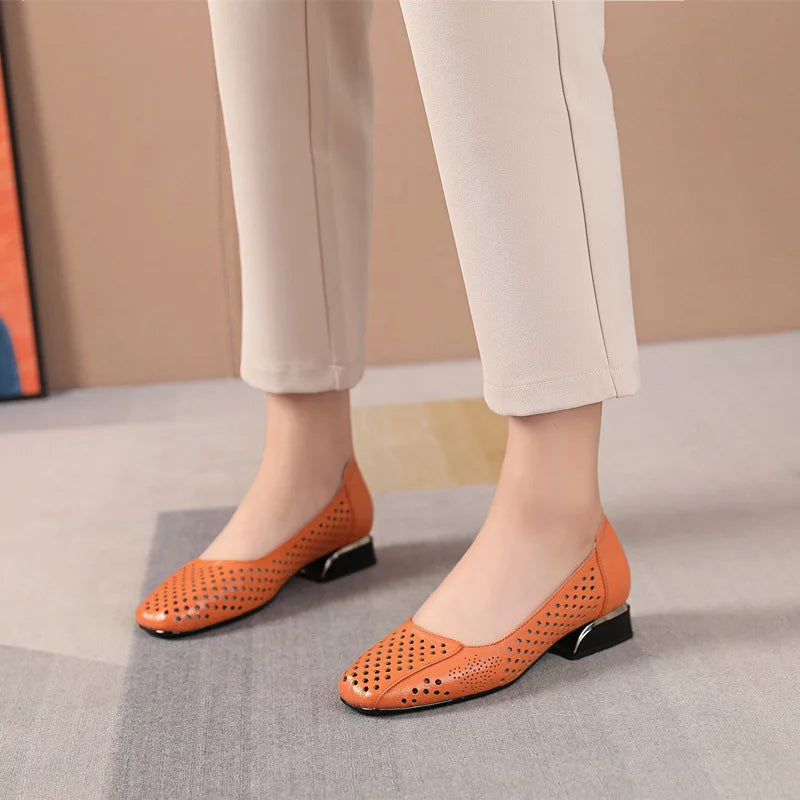 genuine Leather Sandals Women Low Heels Shoes 2024 Spring Summer Square Toe Soft Sole Women's Fashion Shoes Big Size