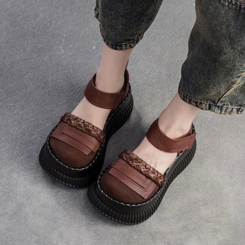 New Fashion Shallow Wedges Sandals Genuine Leather With Linen Round Toe Thick Sole Women's Platform Shoes