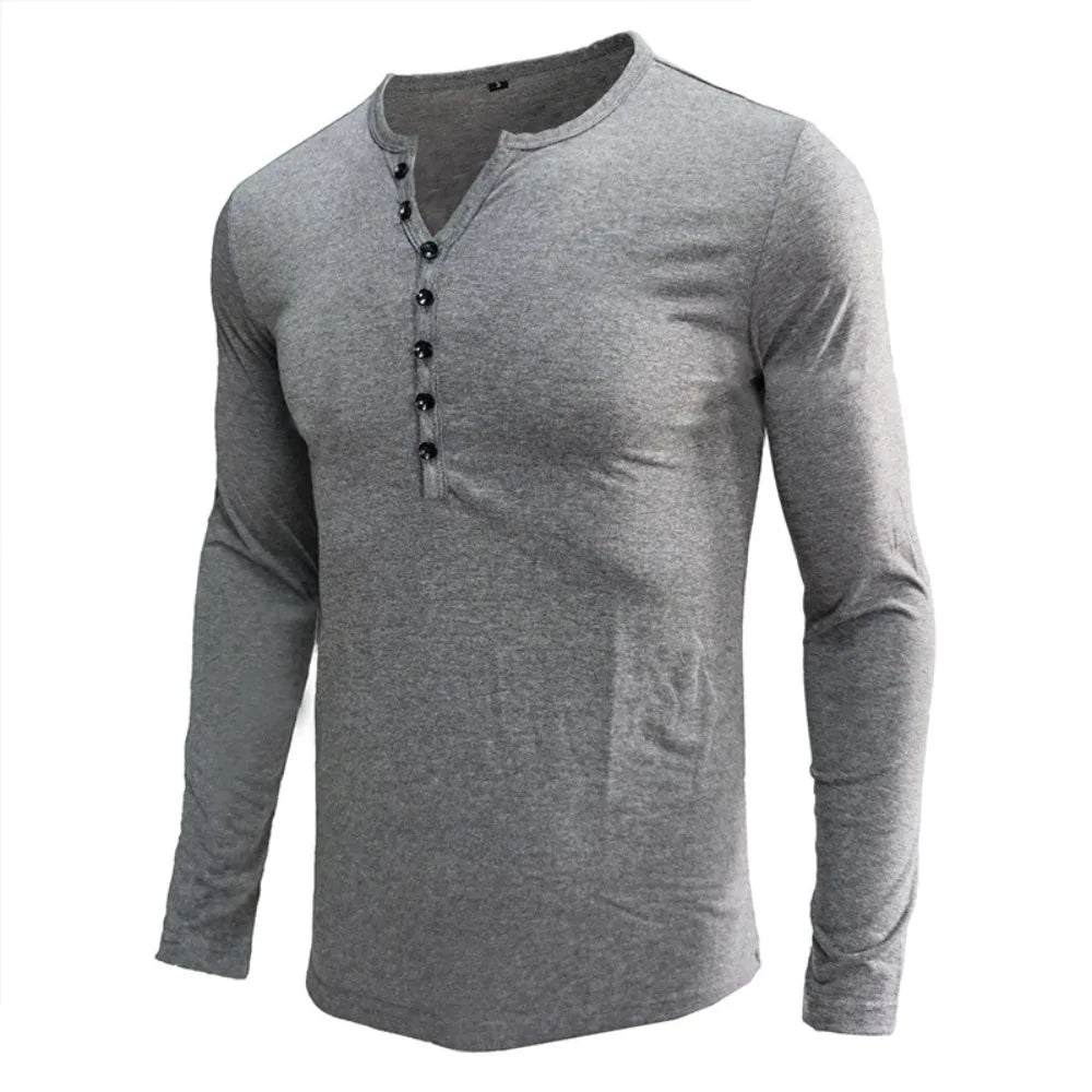 Mens Solid Henley Collar Shirts Men Casual Long Sleeve Basic Tee Bottoming Tops Male 2023 Ourdoor Sports Button Down T Shirts