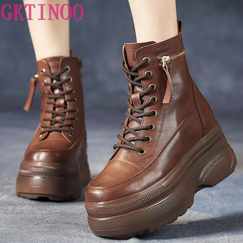 GKTINOO Ankle Boots Platform Women Genuine Cow Leather Short Boots Round Toe Height Increasing Thick Sole Ladies Shoes Handmade