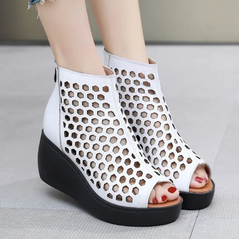 2024 Summer Women Sandals Genuine Leather Wedges High Heel Platform Hollow Peep Toe Female Ladies Shoes Zapatos De Mujer