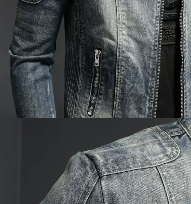 2023 new men's denim jacket trendy retro fashion casual stand-up collar zipper jacket handsome riding biker clothing denim tops