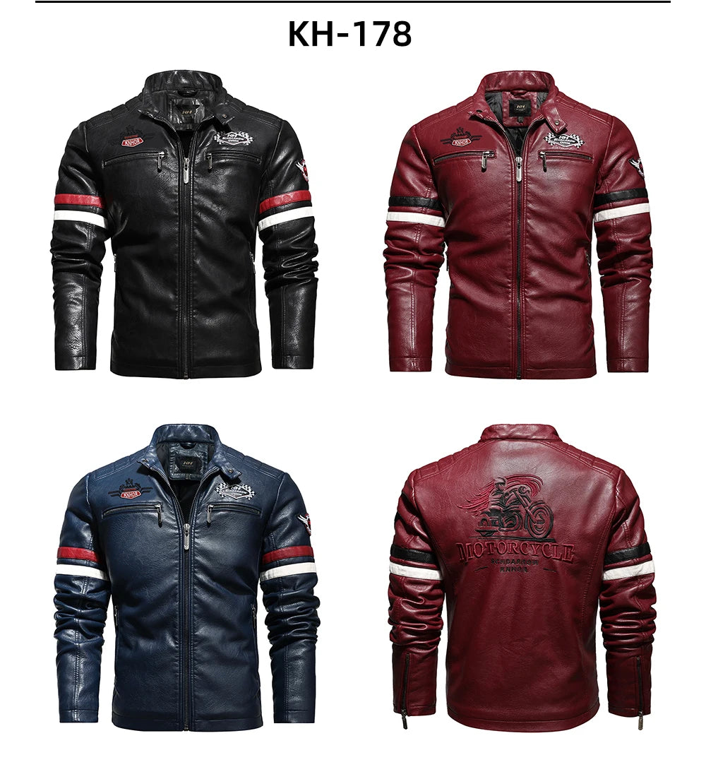 Autumn/Winter vintage motorcycle leather Jacket Men's stand collar casual Coat with zipper embroidery Pilot Winter wool Pu Coat