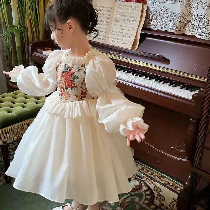 Spanish Vintage Palace Embroidery Dress for Girl Kids