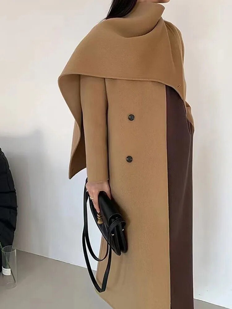 isaballa🍀 Winter New Shawl Scarf Collar Double-breasted Solid Color Women's Double-sided Woolen Belt Coat