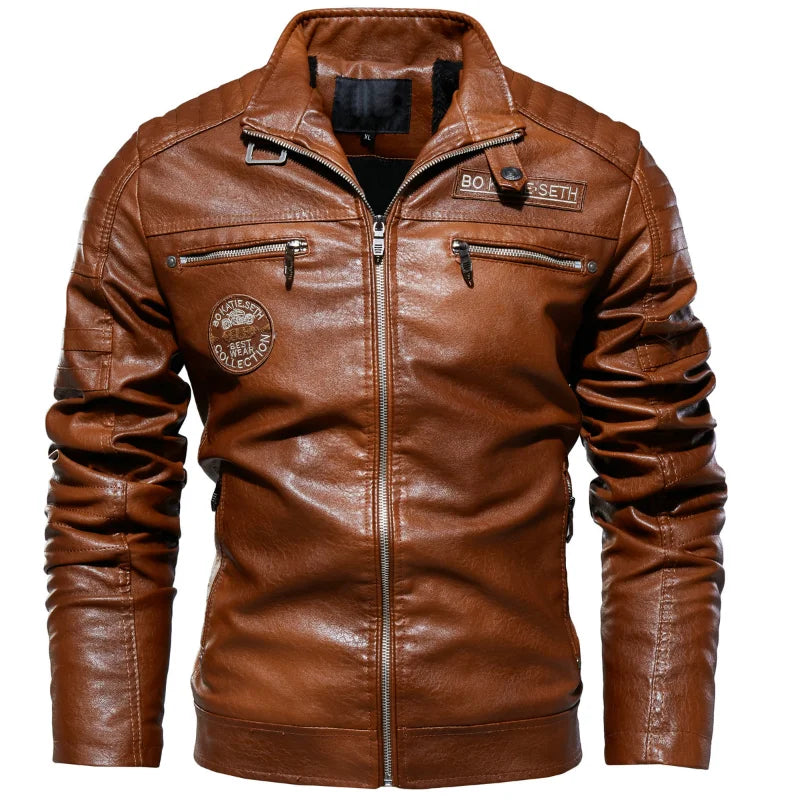 Men's Leather Jacket Men's Winter Fleece Men's Stand Collar Biker Casual Windproof Slim Fit Jacket Fleece Leather Jacket