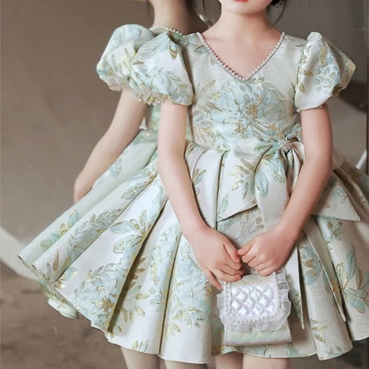 Baby Girl Princess Silk Pearl Floral Neck Dress Short Puff Sleeve Child Vintage Bow Vestido Party Pageant Birthday Frocks 1-12Y