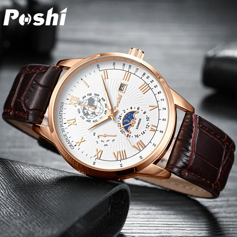 Swiss Brand POSHI Men Watch Fashion Top Luxury Sport Men's Wristwatch Waterproof Luminous Leather Date Quartz Watches Man clock
