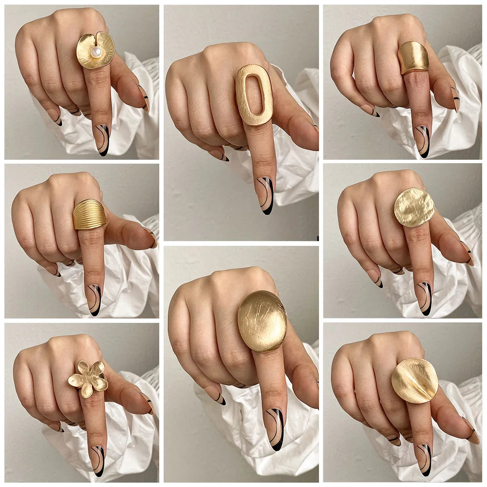Fashion Elastic Rope Adjustable Rings for Women Men Irregular Geometric Matte Chunky Gold Color Finger Ring Charm Jewelry