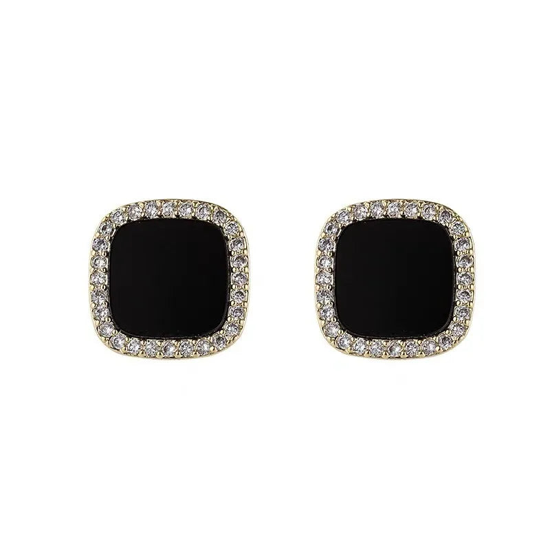 Korean Style Zircon Black Resin Square Ear Studs for Women Elegant Luxury Geometric Earrings 2023 Fashion Trends Jewelry Gifts