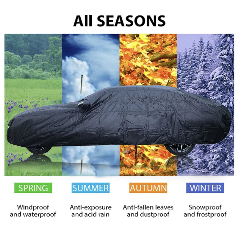 🚗Universal SUV/Sedan Full Car Covers Outdoor Waterproof Sun Rain Snow Protection UV Car Zipper Design Black Car Case Cover S-XXL