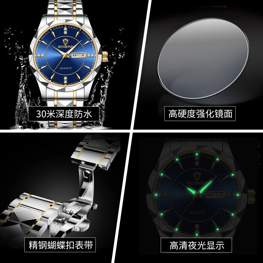 🍓Brand International BINBOND B5552 Men Multiple Colors Fashion Watch Sports Military Steel Band Waterproof Luminous Wristwatches
