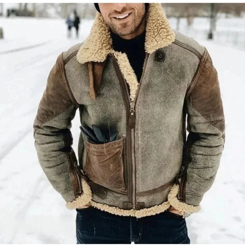 Thickened Men's Jacket Warm Faux Leather Warm Jacket Large Lapel Contrasting Color European American suede fur one-piece jacket