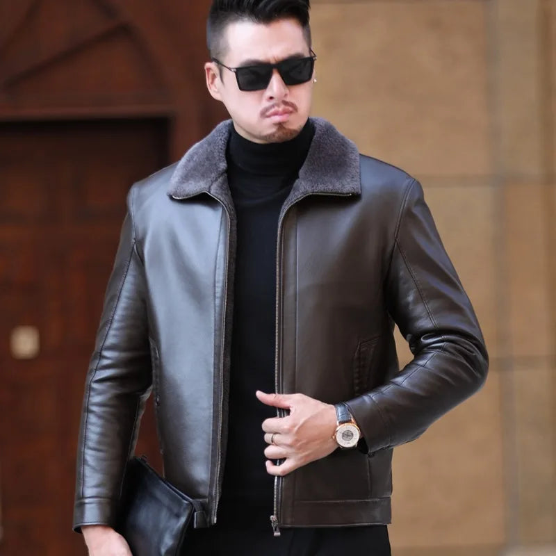 ZDT-8041 Men's Spring And Autumn New Leather Jacket Thickened Fur One Casual Velvet Warm Lapel Sheepskin Jacket Winter