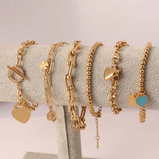 Bracelets With Stainless Steel Beads Bracelets For Women Gold Color Bracelet Heart Pendant Bracelets Charm Bracelet Jewelry Gift