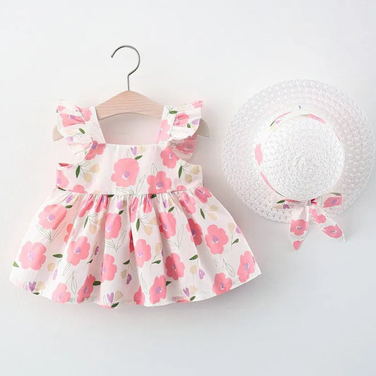 2Piece Sets Summer Outfit Baby Girl Costume Toddler Dresses Korean Cute Flowers Princess Beach Dress+Sunhat Newborn Clothes 067