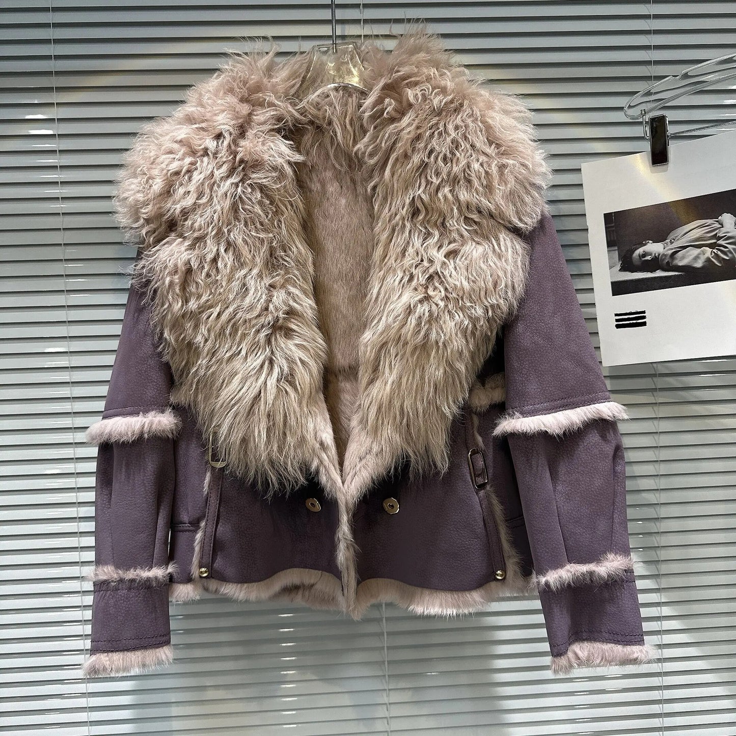 Women Faux Suede Fur Collar Coats Oversized Sherpa Lined Jacket for Winter Purple Black Pink Blue