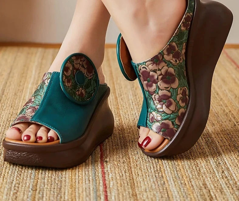 Fish-mouth Summer Genuine Leather Slippers Women Sandals 2024 New Platform Wedges Slippers Ethnic Sandals Women Shoes