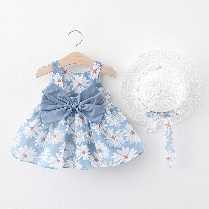 Summer Toddler Girl Clothing New Baby Girl Vest Dress Princess Beach Dress Big Bow Flower Dresses + Hat Newborn Clothing Set