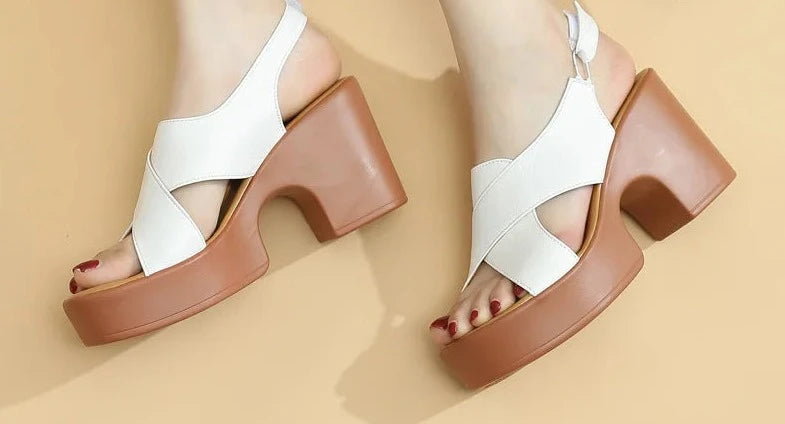 New Open Toe Genuine Cowhide Leather Sandals Sexy Thick High Heels Platform Sandals