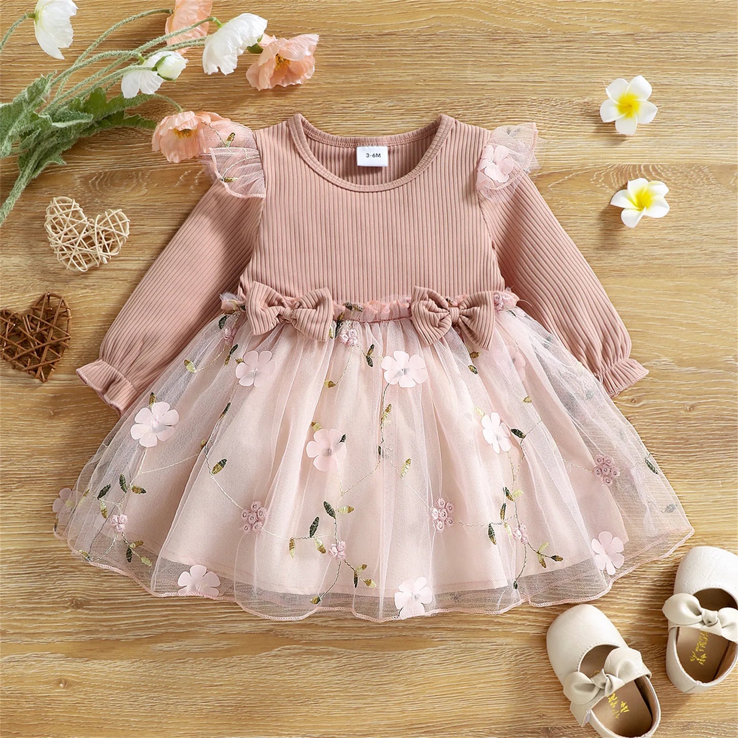 PatPat Baby Dress Baby Girl Clothes New Born Infant Party Dresses Pink Ribbed Bowknot Floral Mesh for NewBorn Kids Birthday