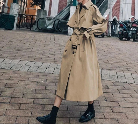 Khaki Windbreaker Women Fall Elegant Korean Casual Long Trench Coat Loose Retros Double Breasted Solid Tunic Sashes Overcoats