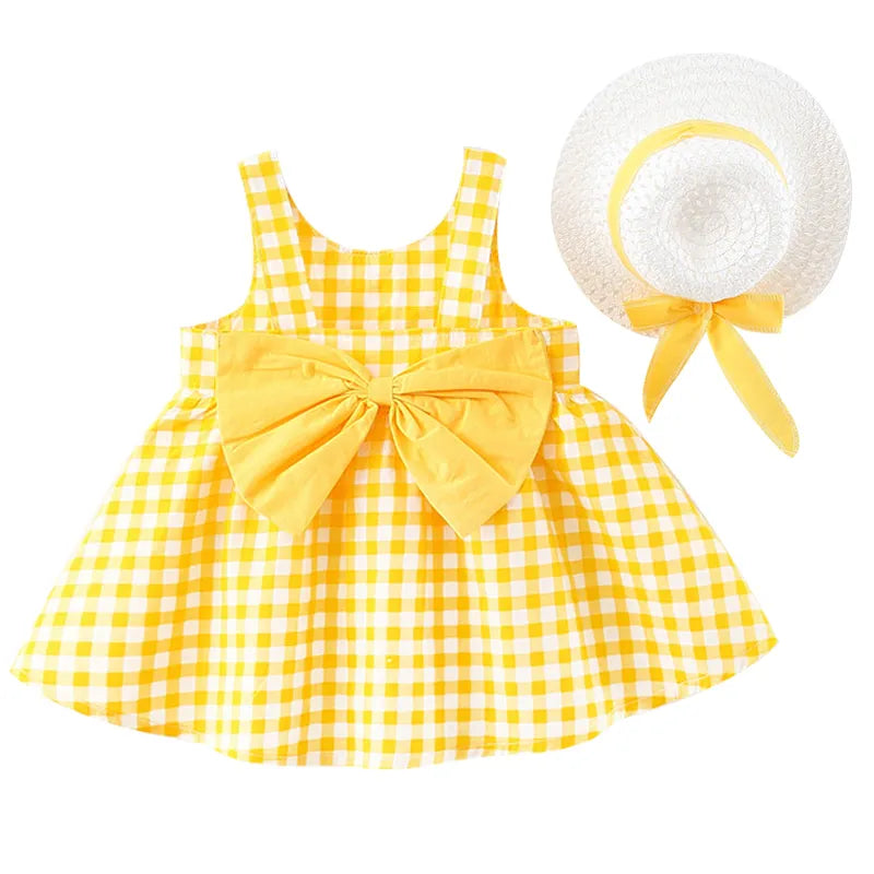 2Piece Summer Toddler Girls Dresses Korean Cute Plaid Sleeveless Cotton Big Bow Yellow Dress+Sunhat Newborn Baby Clothes BC003