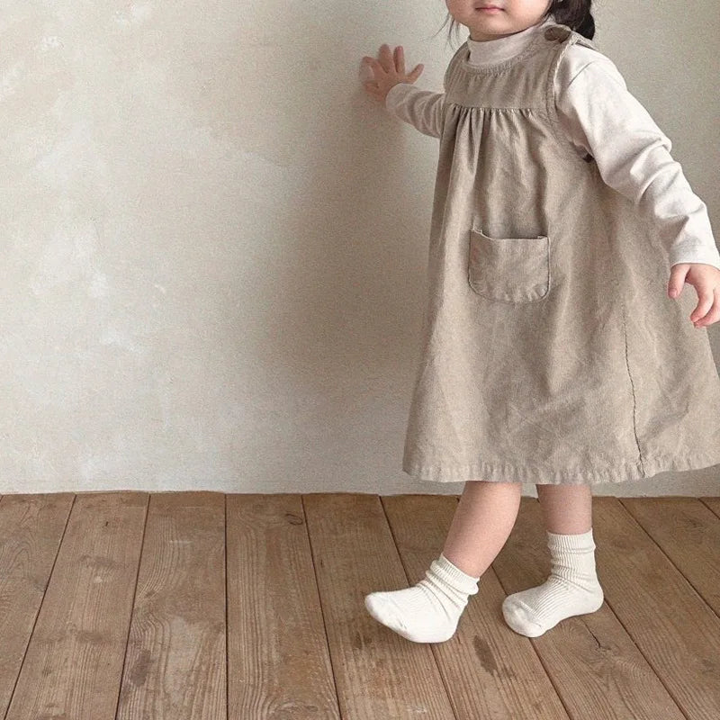 2024 Spring New Baby Girl Sleeveless Vest Dress Infant Toddler Cute Solid Princess Dress Children Corduroy Casual Pocket Dress